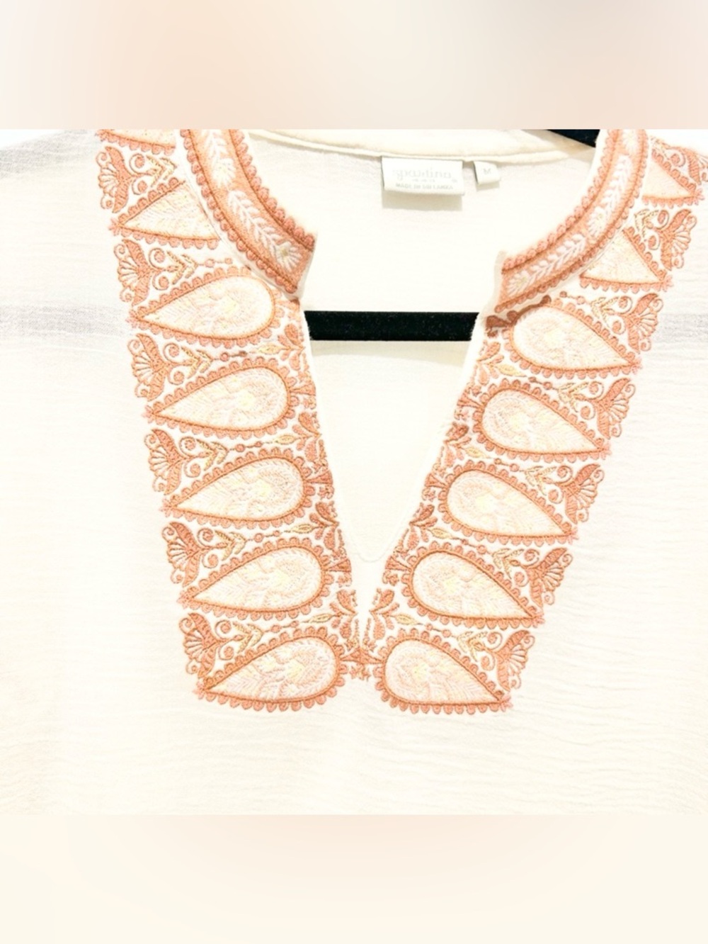 Spartina 449 Cream Embroidered Tunic Blouse Paisley Neckline Medium - Picture 4 of 8